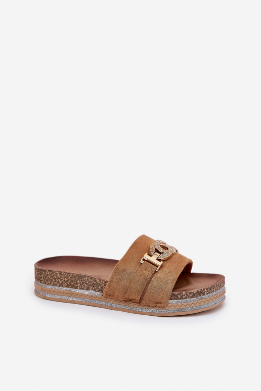 zapatillas de mujer Ze color doradom Detalem con una plataforma con brillo color marrón Eanes