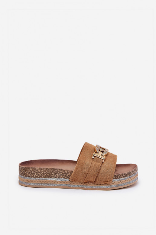 zapatillas de mujer Ze color doradom Detalem con una plataforma con brillo color marrón Eanes