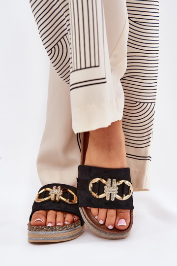 Pantuflas de mujer con plataforma y brillo con adorno dorado color negro Rilirea 2