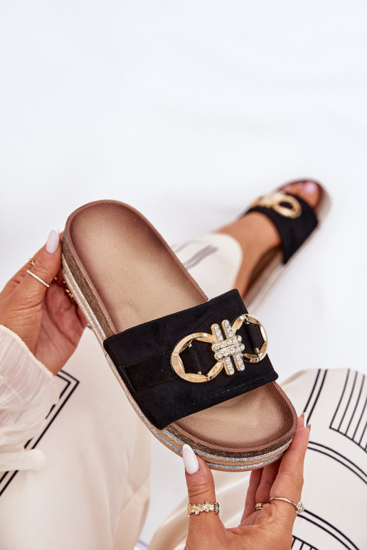 zapatillas de mujer con una plataforma con brillo I Złotą Ozdobą de color negro Rilirea