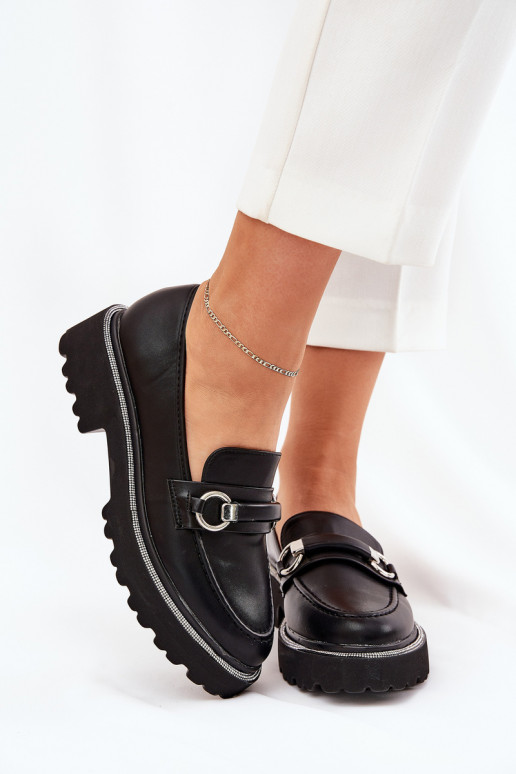 mocasines de mujer Decorado Cyrkoniami de color negro Patina