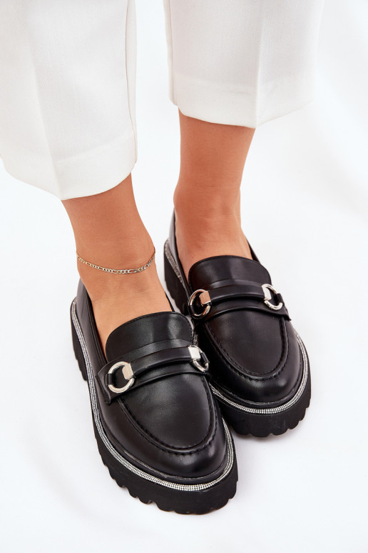 mocasines de mujer Decorado Cyrkoniami de color negro Patina