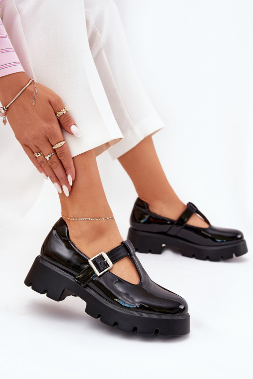 con efecto barniz zapatos Femenino con hebillas con una plataforma Y tacones planos de color negro Venda con efecto barniz zapatos Femenino con hebillas con una plataforma Y tacones planos de color negro Venda
