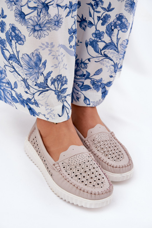 Piel mocasines de mujer con elementos calados Vinceza 88028 beige