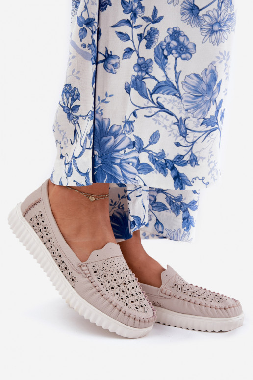Piel mocasines de mujer con elementos calados Vinceza 88028 beige