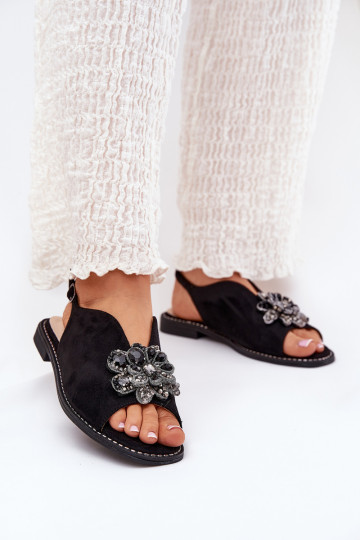 Sandalias negras para mujer con patrones y tacones anchos S.Barski KV27-001