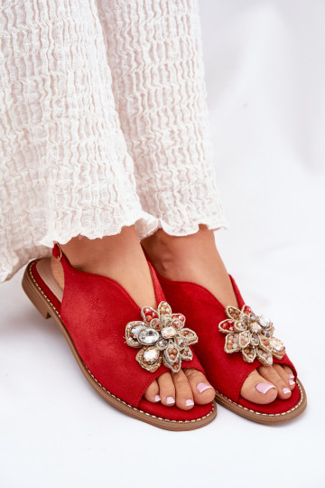 Sandalias de mujer con tacones anchos con adornos S.Barski KV27-001 color rojo