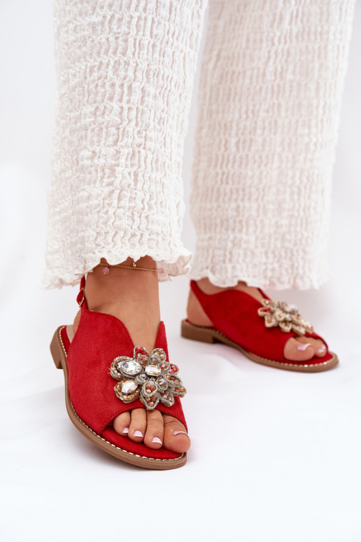 Sandalias de mujer con tacones anchos con adornos S.Barski KV27-001 color rojo