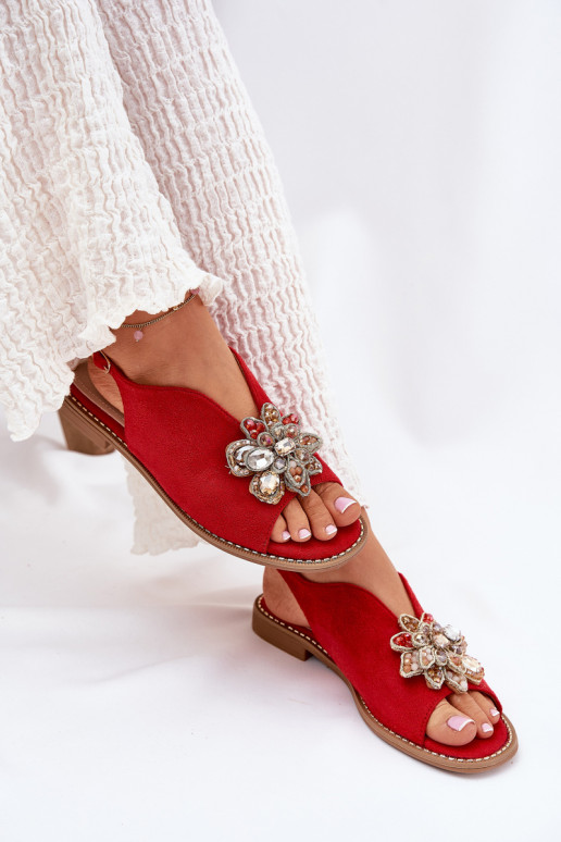 Sandalias de mujer con tacones anchos con adornos S.Barski KV27-001 color rojo