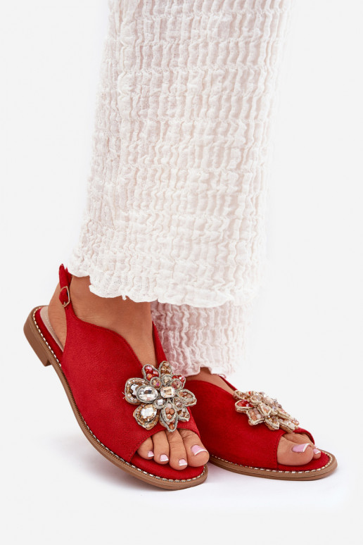 Sandalias de mujer con tacones anchos con adornos S.Barski KV27-001 color rojo