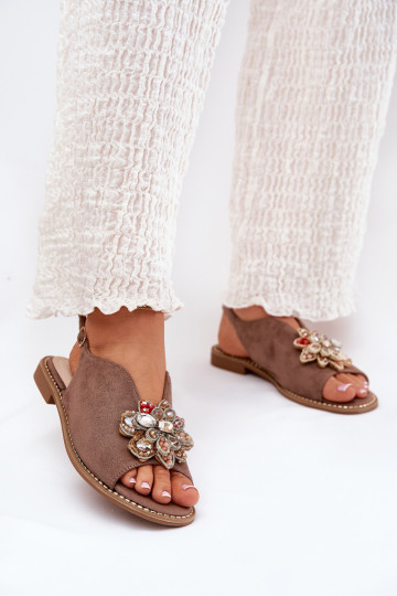 Sandalias de mujer con tacones anchos con adornos S.Barski KV27-001 beige
