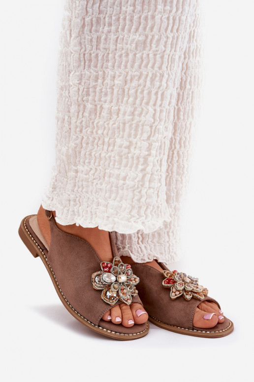 Sandalias de mujer con tacones anchos con adornos S.Barski KV27-001 beige