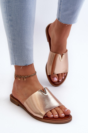 Zapatillas de mujer de piel sintética con tacones anchos color dorado Tai turiliha