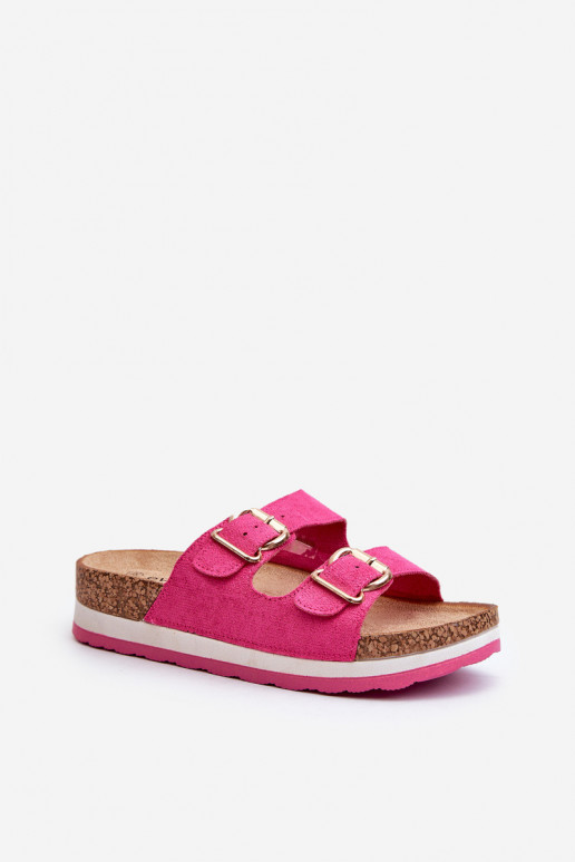 zapatillas de mujer con una plataforma con hebillas de gamuza ecológicaoAe color rosa Ursila