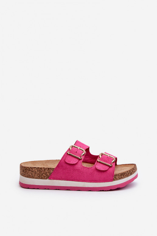 zapatillas de mujer con una plataforma con hebillas de gamuza ecológicaoAe color rosa Ursila