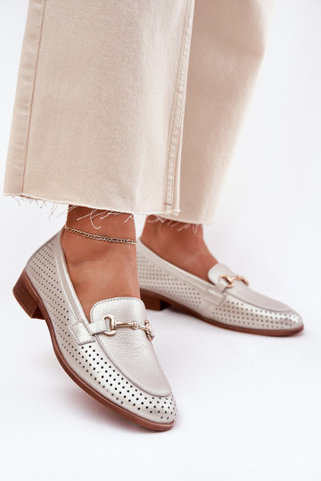 Piel mocasines de mujer con adornos con tacones anchos S.Barski LR51-594 color plata