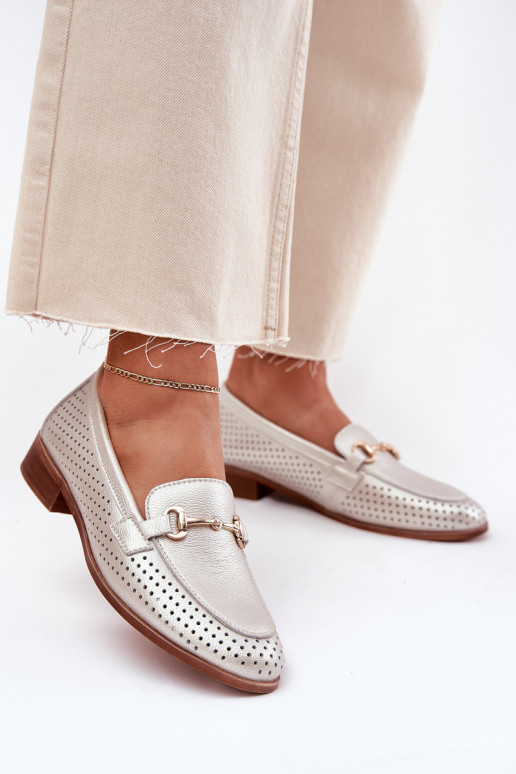 Piel mocasines de mujer con adornos con tacones anchos S.Barski LR51-594 color plata