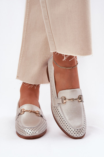 Piel mocasines de mujer con adornos con tacones anchos S.Barski LR51-594 color plata 2