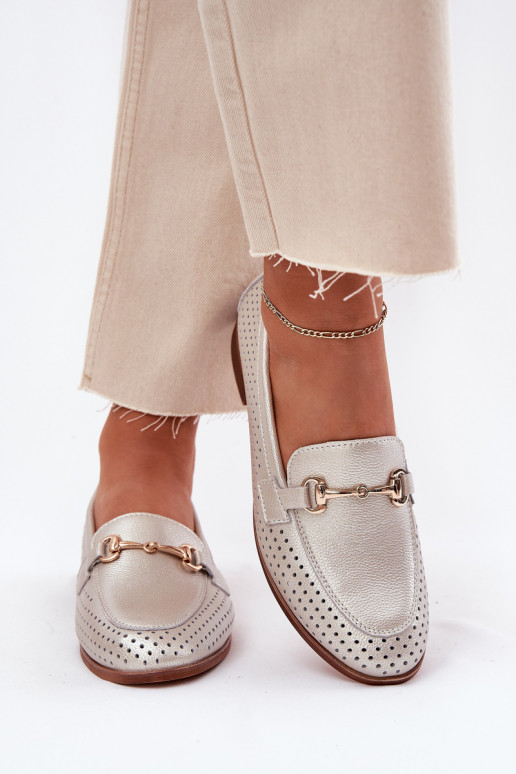 Piel mocasines de mujer con adornos con tacones anchos S.Barski LR51-594 color plata