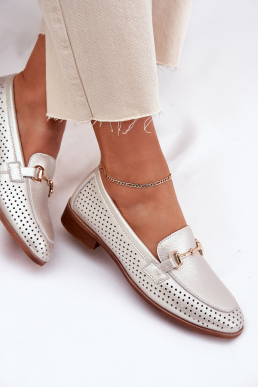 Piel mocasines de mujer con adornos con tacones anchos S.Barski LR51-594 color plata