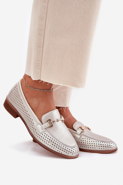 Piel mocasines de mujer con adornos con tacones anchos S.Barski LR51-594 color plata