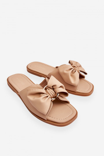 Zapatillas de cuero de mujer con lazos, color arena, "Becky" 2