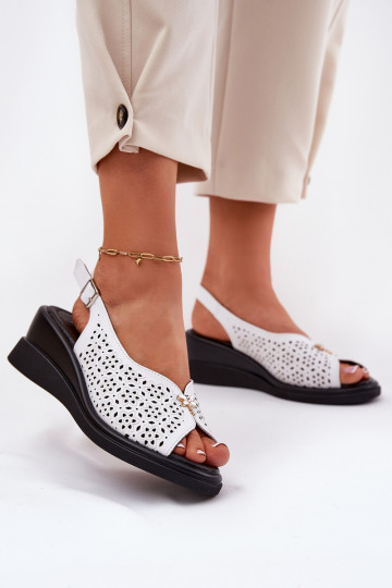 Zapatos de mujer color blanco de piel con diseño calado y tacón, Vinceza 79529 2