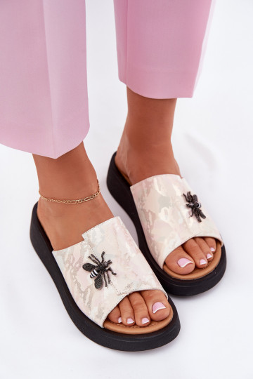 Zapatillas de cuero Femenino Z Broszką Vinceza 66752 beige