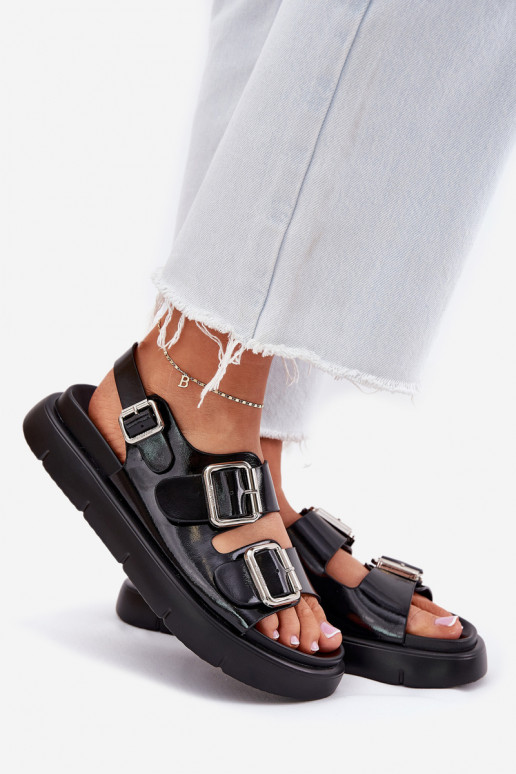 Piel Sandalias lacadas para mujer. con hebillas Big Star RR274662 de color negro