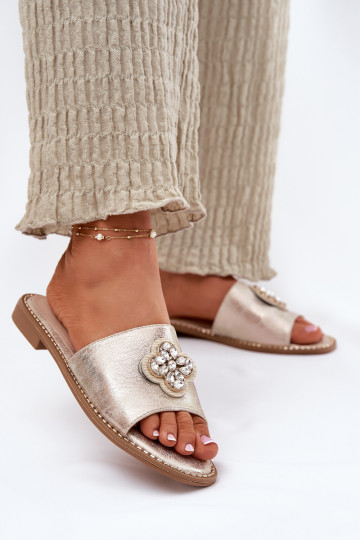 Chanclas de mujer color dorado con detalles decorativos y tacones anchos, S.Barski KV51-087 2