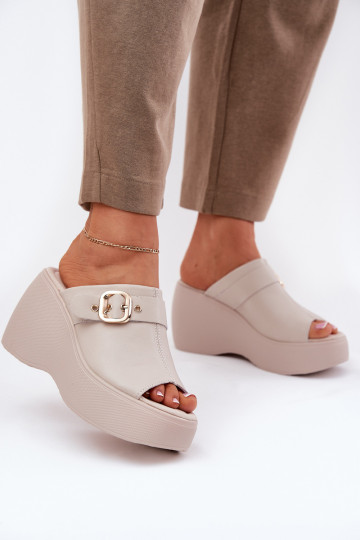 Zapatillas de cuero Femenino con una plataforma I Koturnie con hebillas S.Barski LR51-542 beige 2