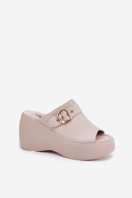 Zapatillas de cuero Femenino con una plataforma I Koturnie con hebillas S.Barski LR51-542 beige