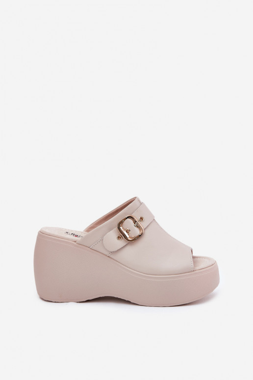 Zapatillas de cuero Femenino con una plataforma I Koturnie con hebillas S.Barski LR51-542 beige