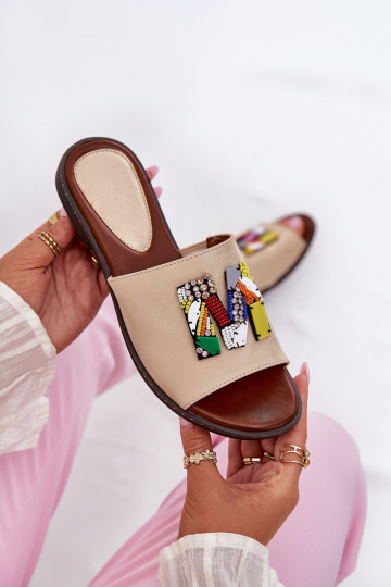 Zapatillas de casa doradas para mujer con tacones anchos y adornos, "Clelione"