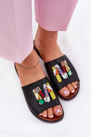 Zapatillas de casa negras para mujer con tacones anchos y adornos, "Clelione"