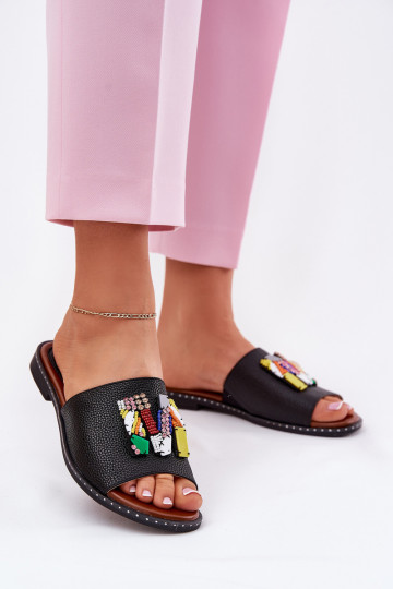 Zapatillas de casa negras para mujer con tacones anchos y adornos, "Clelione" 2