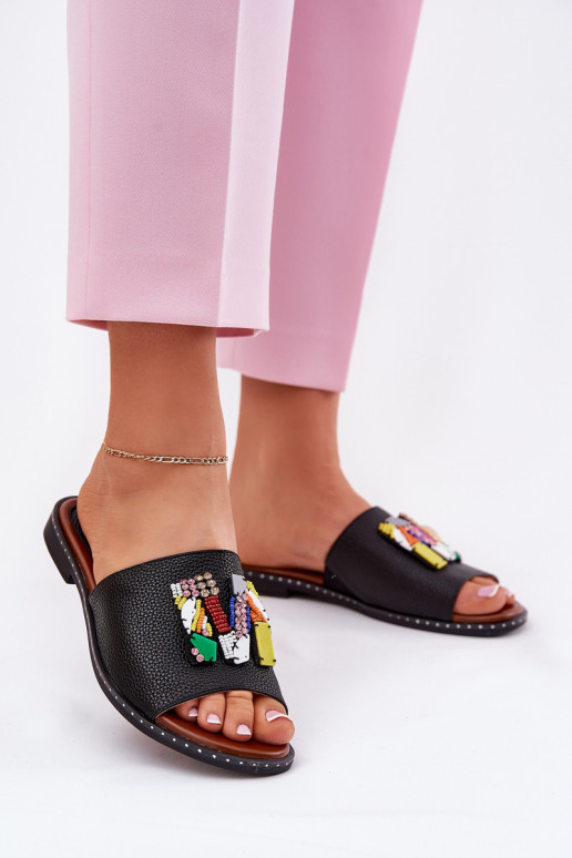 zapatillas de mujer con tacones anchos con adornos de color negro Clelione