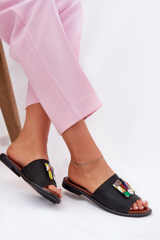 zapatillas de mujer con tacones anchos con adornos de color negro Clelione