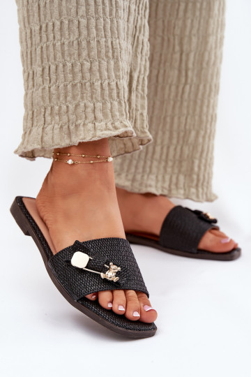 Zapatillas de mujer de color negro con tacones anchos y moños, "Sallariela"