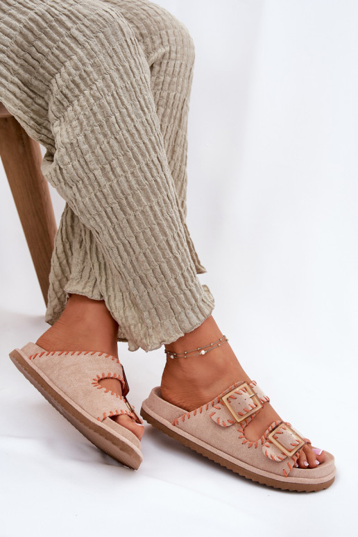 zapatillas de mujer con hebillas I Ozdobnym Obszyciem beige Visley
