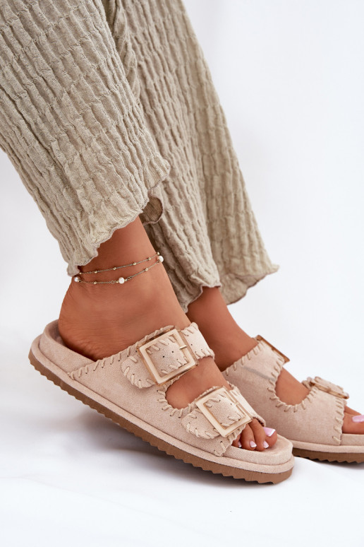 zapatillas de mujer con hebillas I Ozdobnym Obszyciem beige Visley