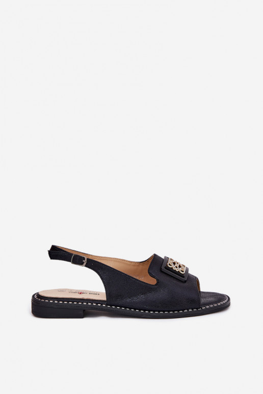 Estilo elegante Sandalias de mujer con tacones anchos con adornos S.Barski KV51-082 de color negro