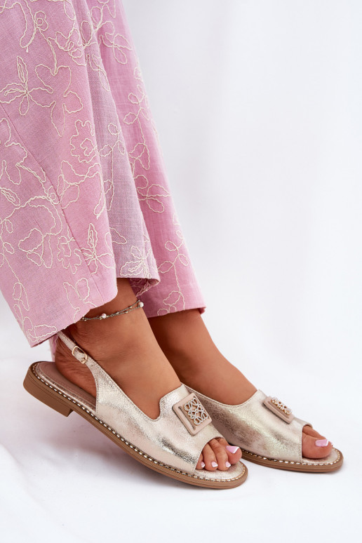Estilo elegante Sandalias de mujer con tacones anchos con adornos S.Barski KV51-082 color dorado Estilo elegante Sandalias de mujer con tacones anchos con adornos S.Barski KV51-082 color dorado