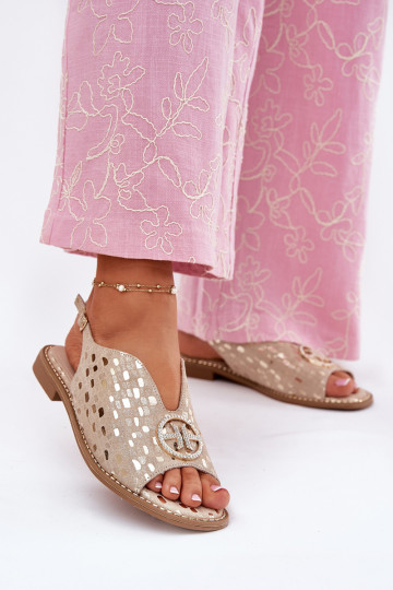 Sandalias de mujer con tacones anchos con adornos S.Barski KV51-094 color dorado