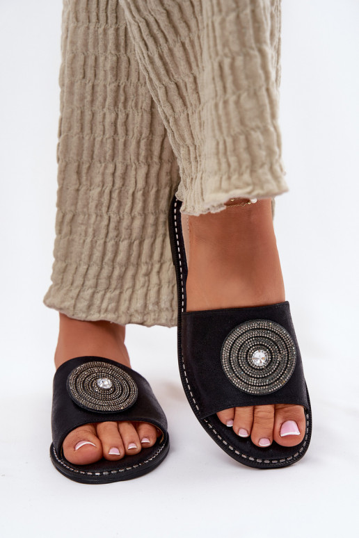 zapatillas de mujer con tacones anchos con adornos S.Barski KV51-013 de color negro zapatillas de mujer con tacones anchos con adornos S.Barski KV51-013 de color negro