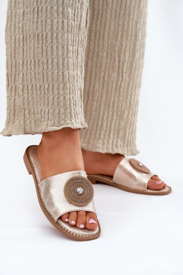 zapatillas de mujer con tacones anchos con adornos S.Barski KV51-013 color dorado