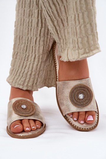 zapatillas de mujer con tacones anchos con adornos S.Barski KV51-013 color dorado 2