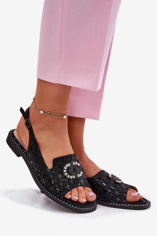 Sandalias de mujer con adornos con tacones anchos S.Barski KV51-096 de color negro Sandalias de mujer con adornos con tacones anchos S.Barski KV51-096 de color negro