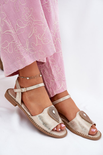 Sandalias de mujer con tacones anchos con adornos S.Barski KV51-098 color dorado