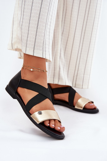 Sandalias planas para mujer. Z Elastycznymi Paskami Negro y-color dorado Tiene querinea